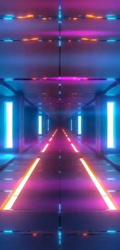 Futuristic neon tunnel with glowing pink and blue lights.