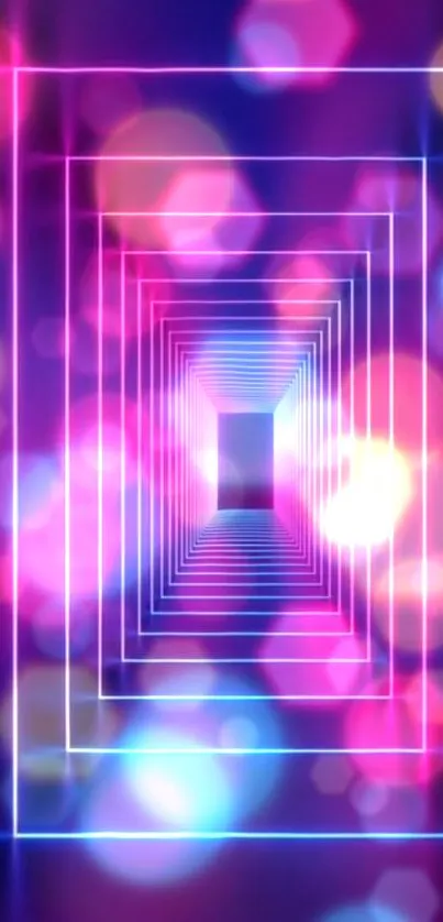 Futuristic neon tunnel with pink and blue lights.