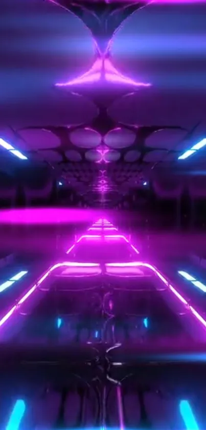 Futuristic neon tunnel with purple and blue lighting effects.