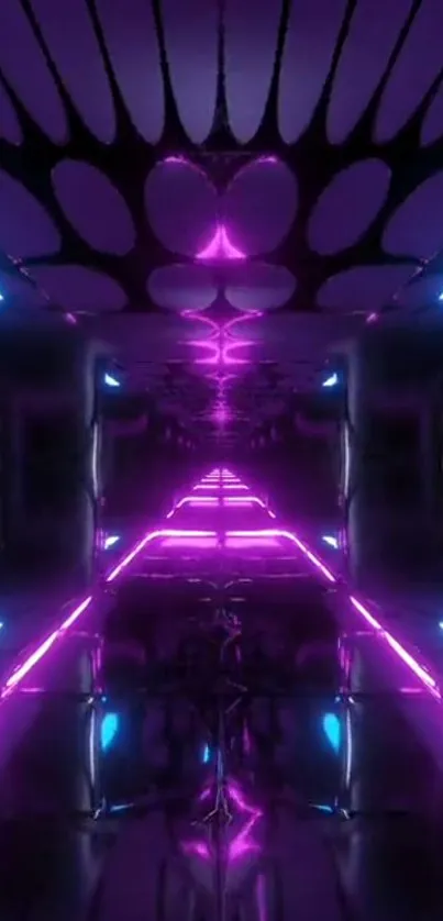 Futuristic neon tunnel with glowing pink and blue lights.