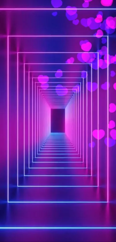 Neon tunnel wallpaper with pink glowing hearts.