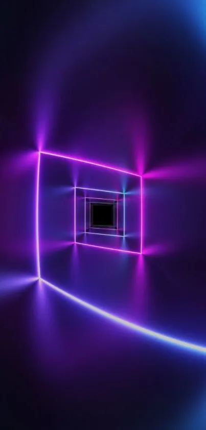 Neon tunnel with vibrant blue and purple lights creating a futuristic effect.