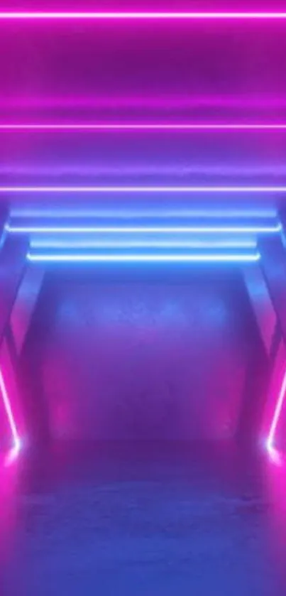 Vibrant neon tunnel wallpaper with pink and blue glowing lights.