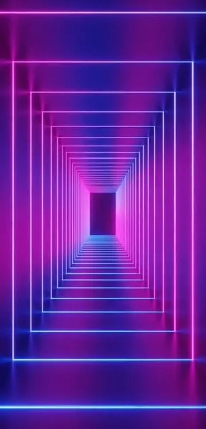 Neon tunnel with vibrant pink and blue hues in a geometric pattern.