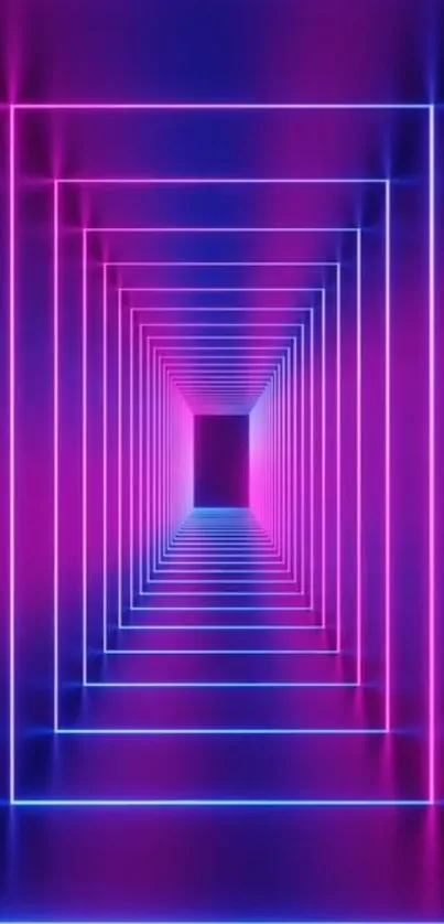 Vibrant neon tunnel with geometric depth in pink and blue hues.