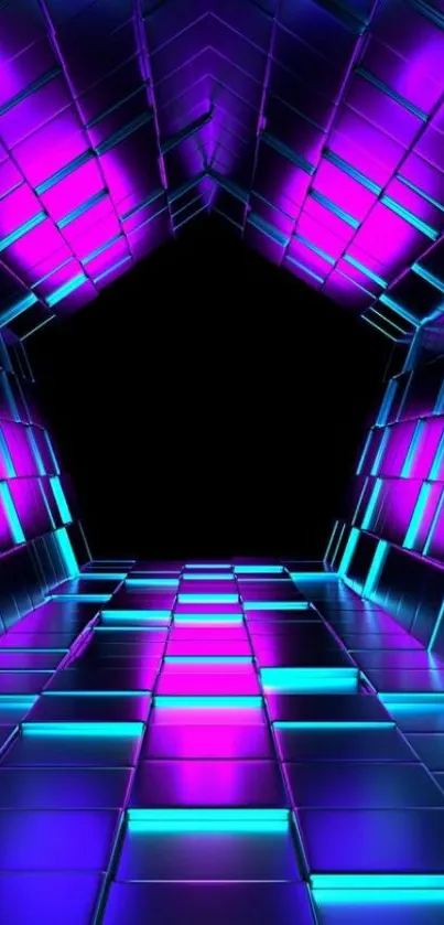 Neon tunnel wallpaper with purple and blue tiles, futuristic design.