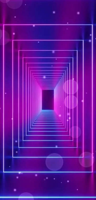 Vibrant neon tunnel wallpaper with geometric design in purple and blue hues.