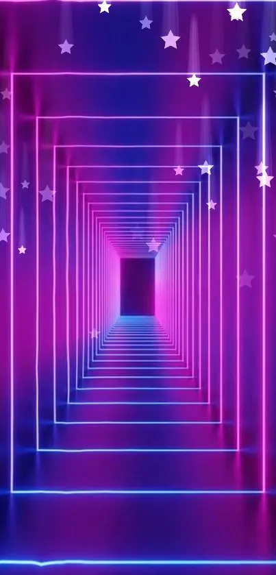 Neon tunnel with starry accents in vibrant purple hues for mobile wallpaper.