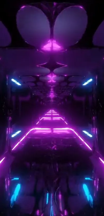 Futuristic neon tunnel with pink and blue lights.