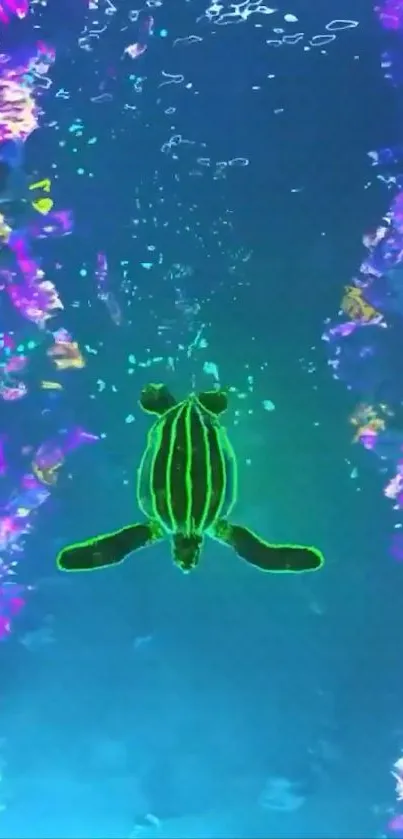 A neon green turtle swims through vibrant coral underwater.