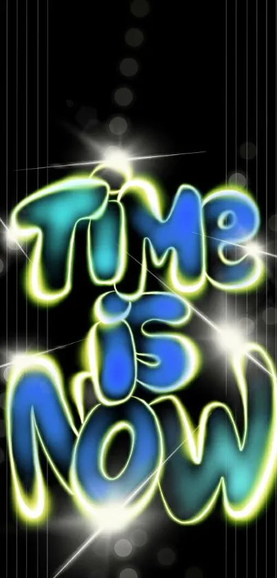 Neon typography art with 'Time is Now' in vibrant blue and green on black.