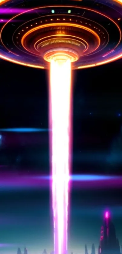 Glowing UFO with neon beam in the night sky, casting a vibrant cosmic light.