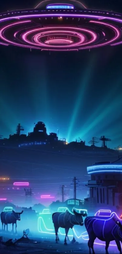 Surreal neon cityscape with UFO glowing above futuristic streets.