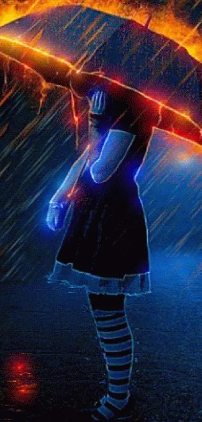 Neon umbrella in futuristic rain, blue and orange glow.