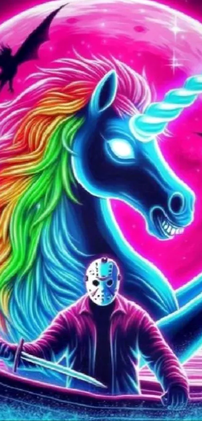 Vibrant neon unicorn with masked figure in fantasy art style.