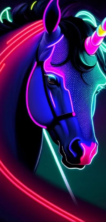 Colorful neon unicorn on dark background with vibrant hues.