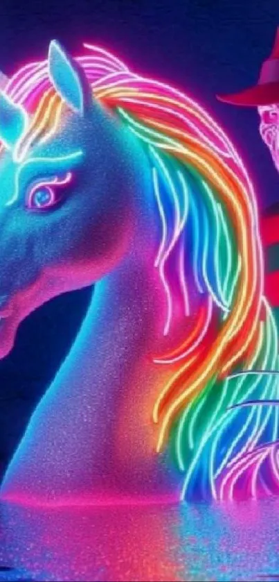 Neon unicorn with vibrant colors in a dazzling fantasy scene.