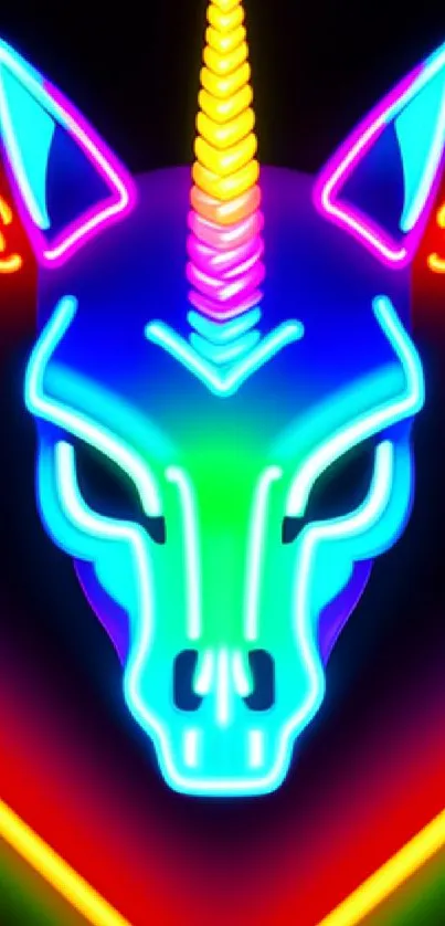 Neon unicorn head with vibrant colors and glowing outlines.