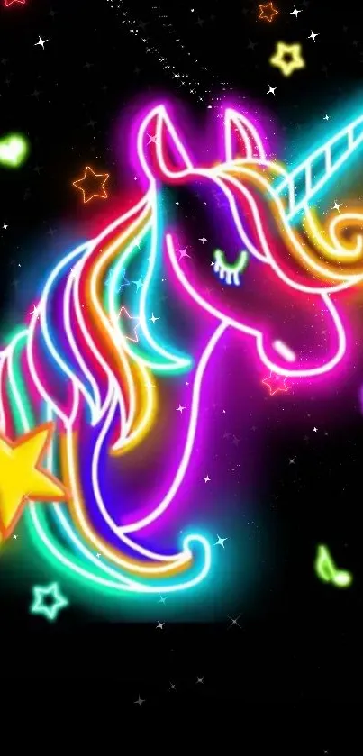 Vibrant neon unicorn with magical glow on a black background.