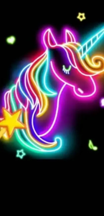 Vibrant neon unicorn with star wand on a black background.