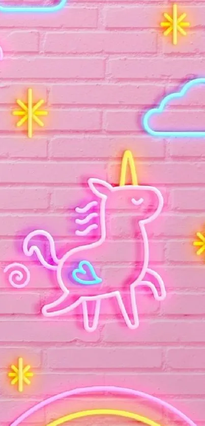 Neon unicorn on a pastel pink brick wall with colorful accents.