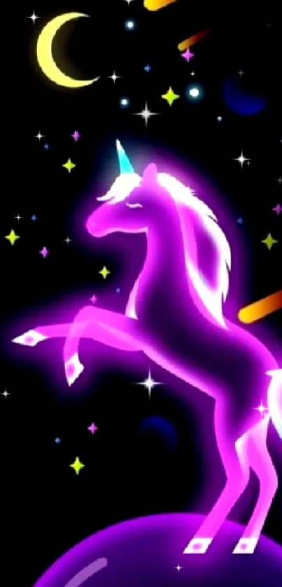 Neon unicorn in cosmic setting with stars and planets.