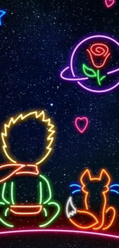 Neon wallpaper with fox, figure, and rose planet in space.