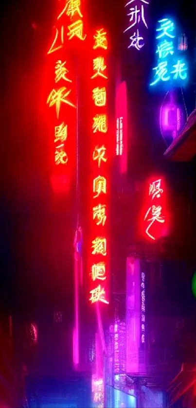 Neon-lit urban alley with vibrant colors and glowing signs.