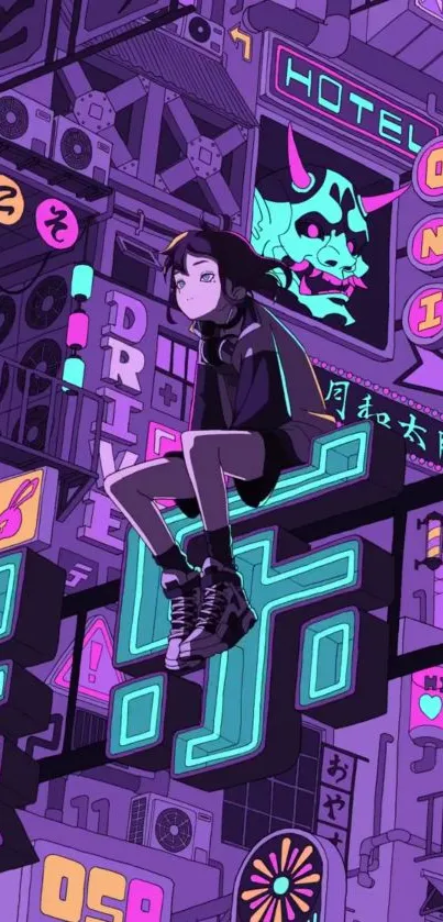 Anime character in neon urban scene with purple hues and retro signs.