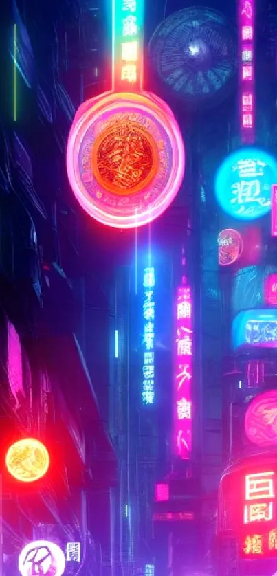 Neon urban cityscape wallpaper with vibrant pink and blue lights.