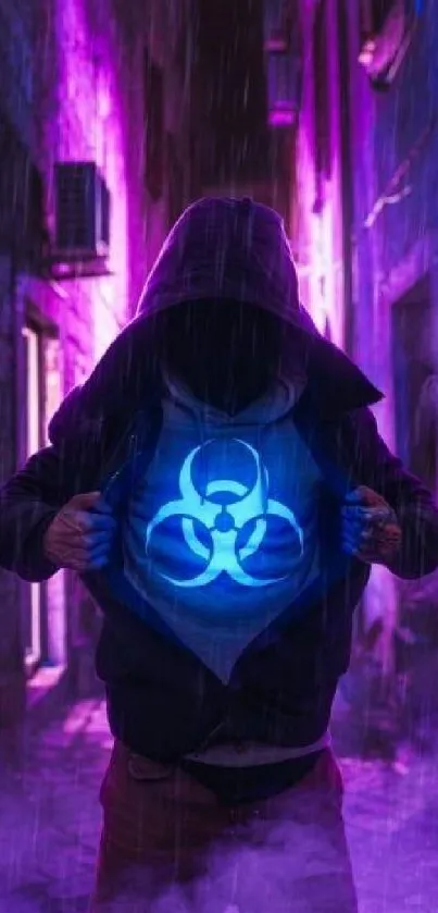 Hooded figure in neon-lit alley with biohazard symbol.