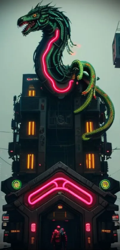 Neon dragon atop urban building in cyberpunk city.