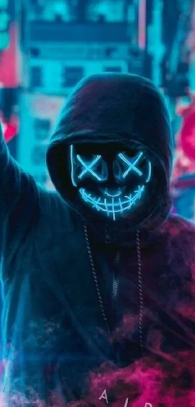 Neon hooded figure with vibrant mask in colorful urban setting.