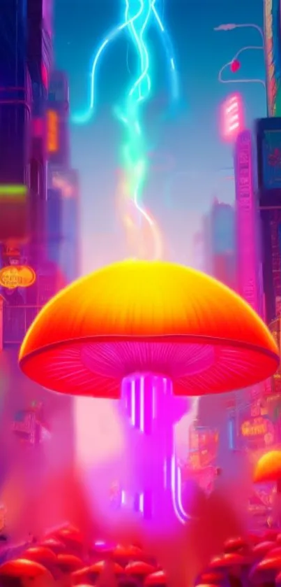 Neon mushrooms illuminate a vibrant cityscape in futuristic digital art.