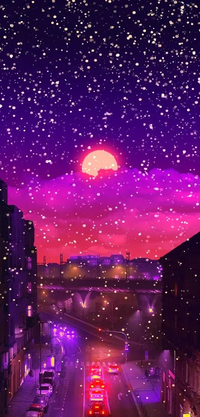Neon city nightscape with pink sky and twinkling stars.