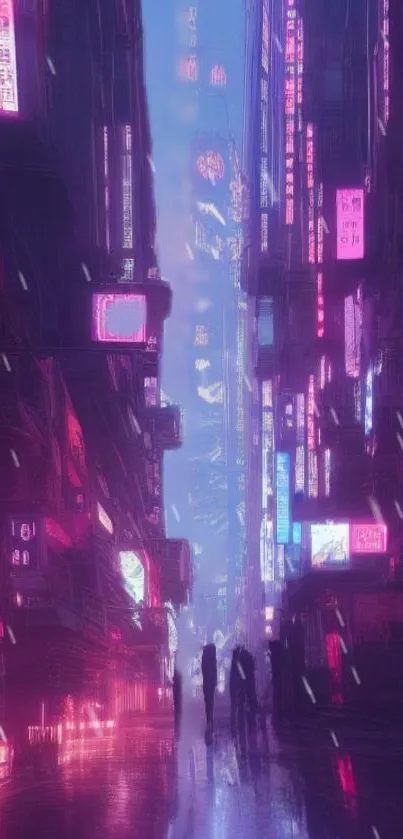 Futuristic neon-lit city street at night with mystical atmosphere.