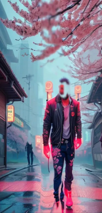 Neon urban street with cherry blossoms and vibrant city life.