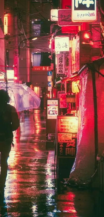 Neon-lit urban alleyway during rain with vibrant lights.