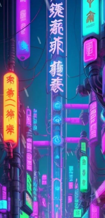 Vibrant neon city street with glowing signage at night.