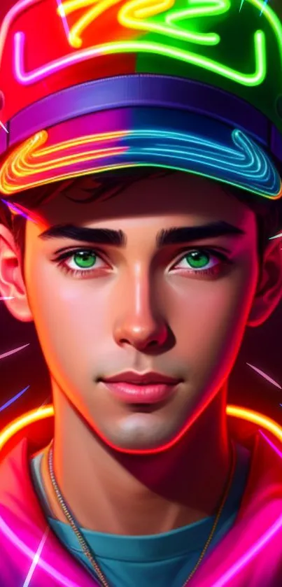 Neon-lit portrait art on vibrant wallpaper.