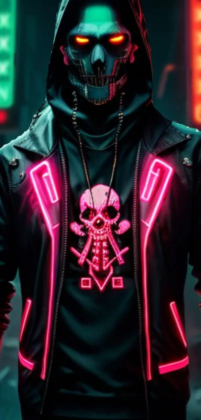 Cyberpunk neon warrior with glowing skull design in urban setting.