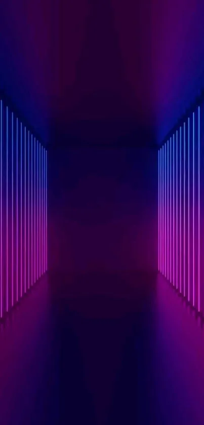 Neon light corridor with vibrant purple and blue hues creating an abstract design.