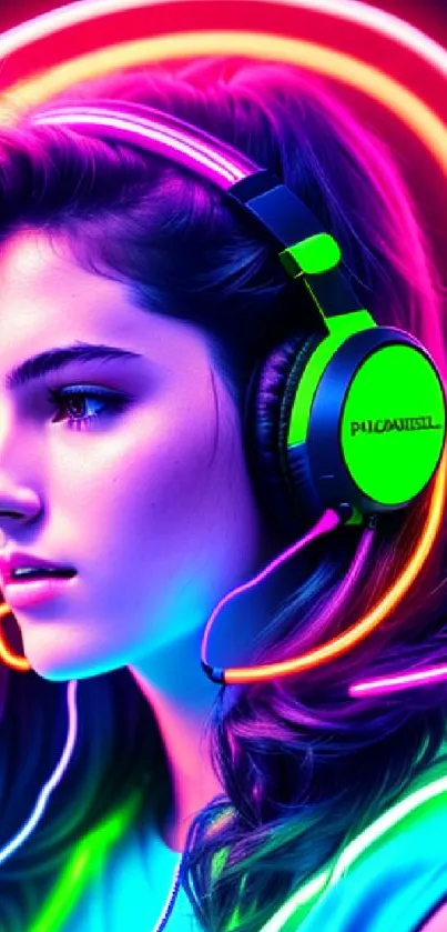 Colorful neon wallpaper featuring a girl with futuristic headphones.