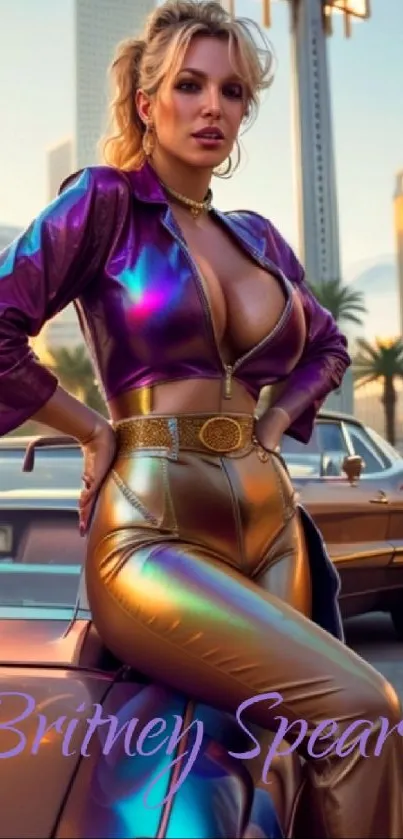 Stylish woman with retro car, neon purple hues.