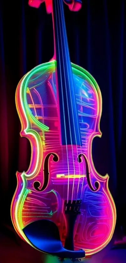 Neon pink and blue violin with vibrant glow on a dark background.