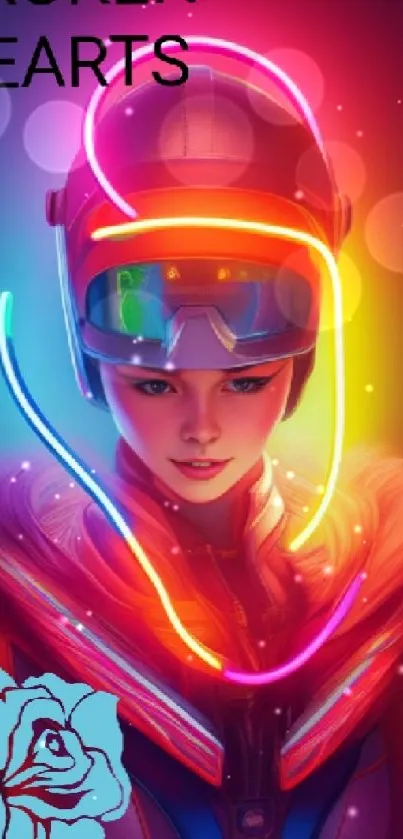 Futuristic neon art wallpaper with glowing visor and rose graphic.