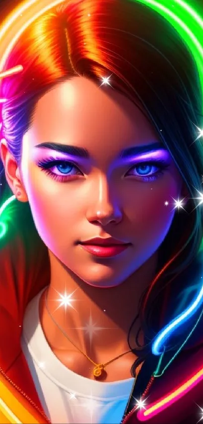 Neon cyberpunk art of a futuristic woman with colorful lights.