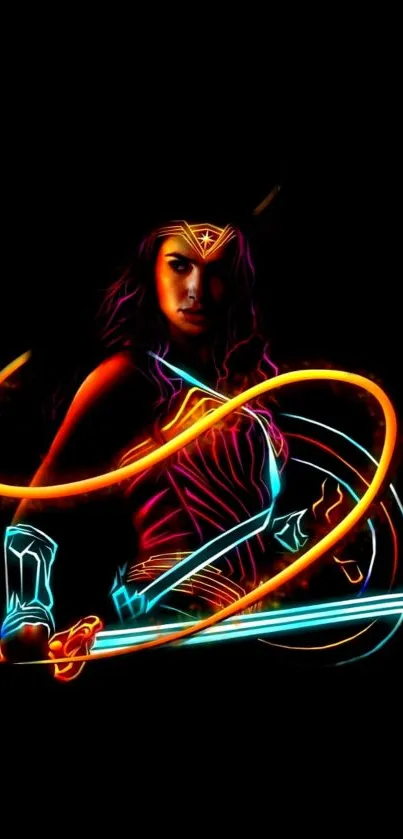 Neon-lit warrior art with vibrant colors on a black background.