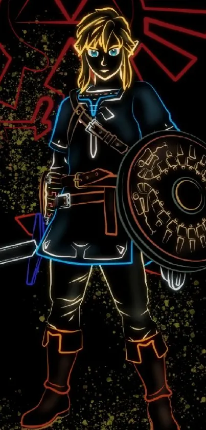 Neon-style warrior with sword and shield on black background.