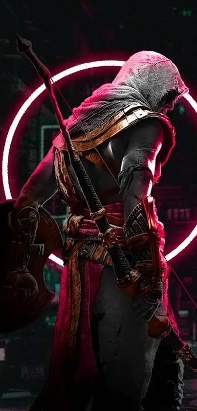 Hooded warrior with neon circle background, dark urban scene.